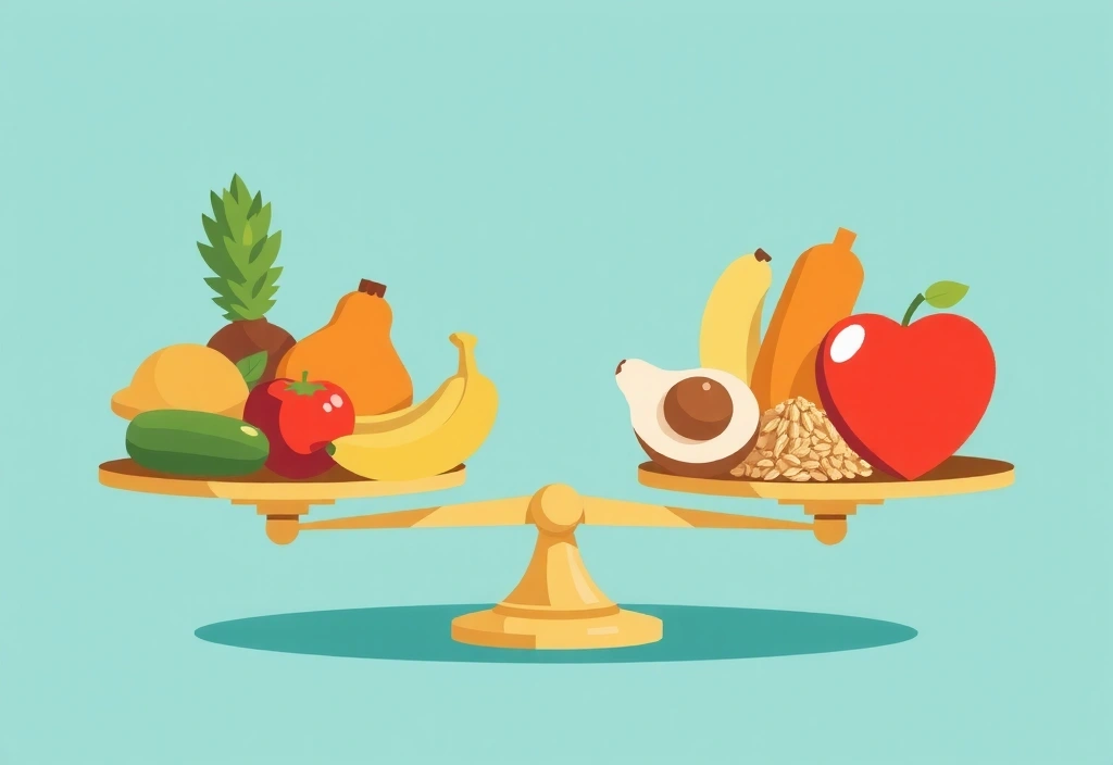 Illustration einer Waage, die im Gleichgewicht ist, mit gesunden Lebensmitteln auf beiden Seiten